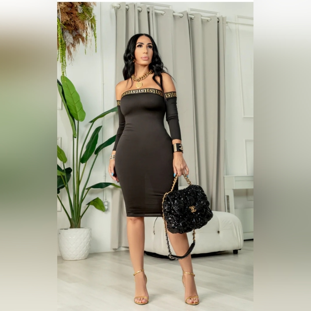 NWT Off The Shoulder Dress -Black w/Gold Detail